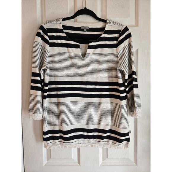 T by Talbots Women's Striped 3/4 Sleeve Top Fringe Size MP - Picture 1 of 8